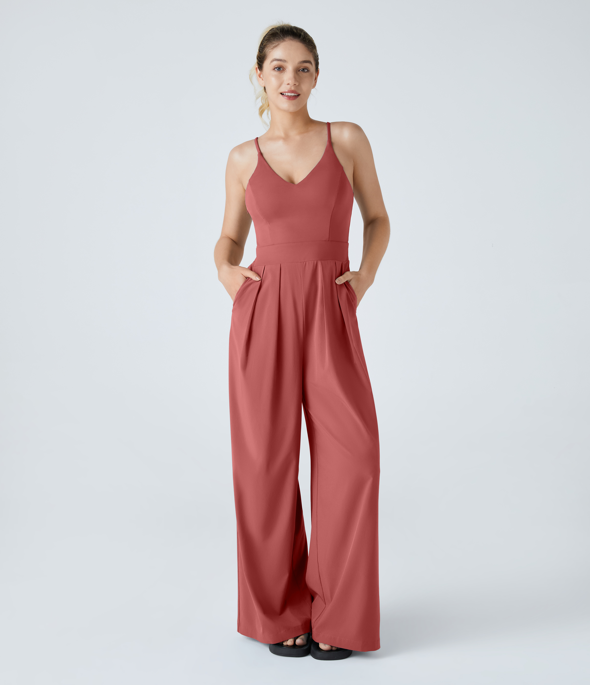 Breezeful™ Backless Side Invisible Zipper Pocket Wide Leg Quick Dry Resort Slip Jumpsuit  - Kapok Red