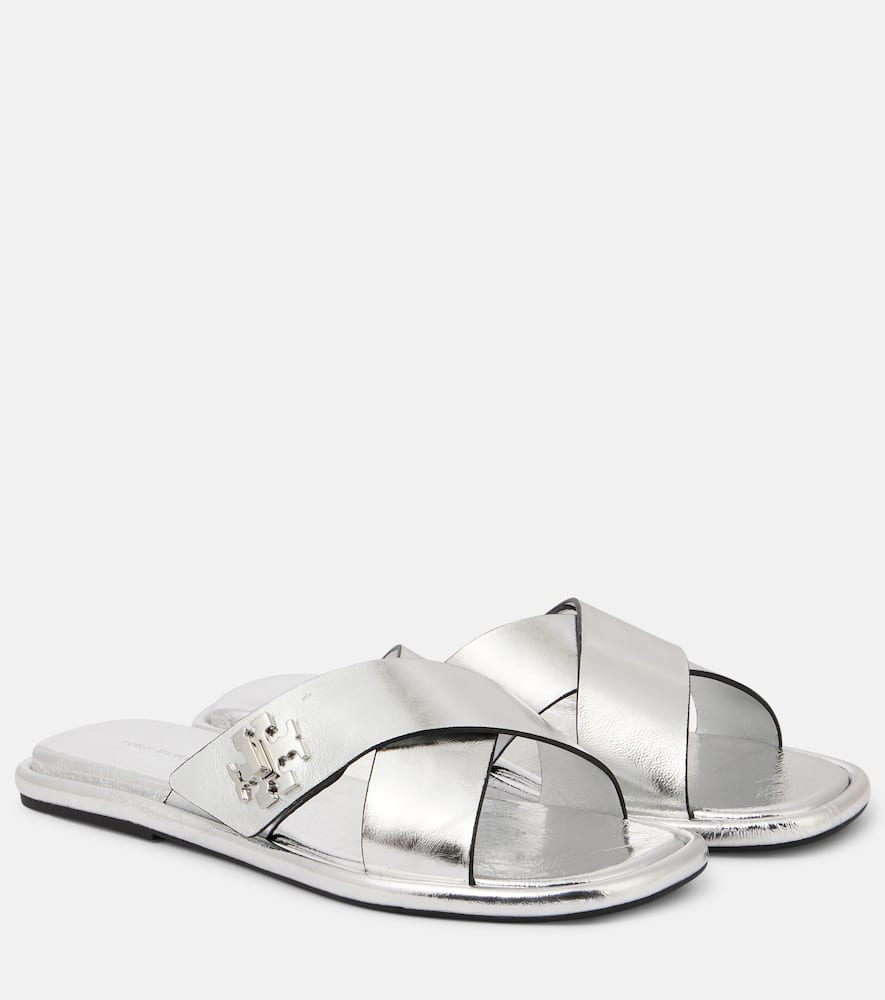 Tory Burch T Lock metallic leather slides