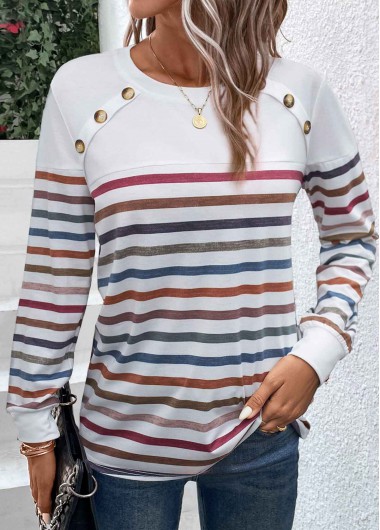 Modlily White Patchwork Striped Long Sleeve T Shirt