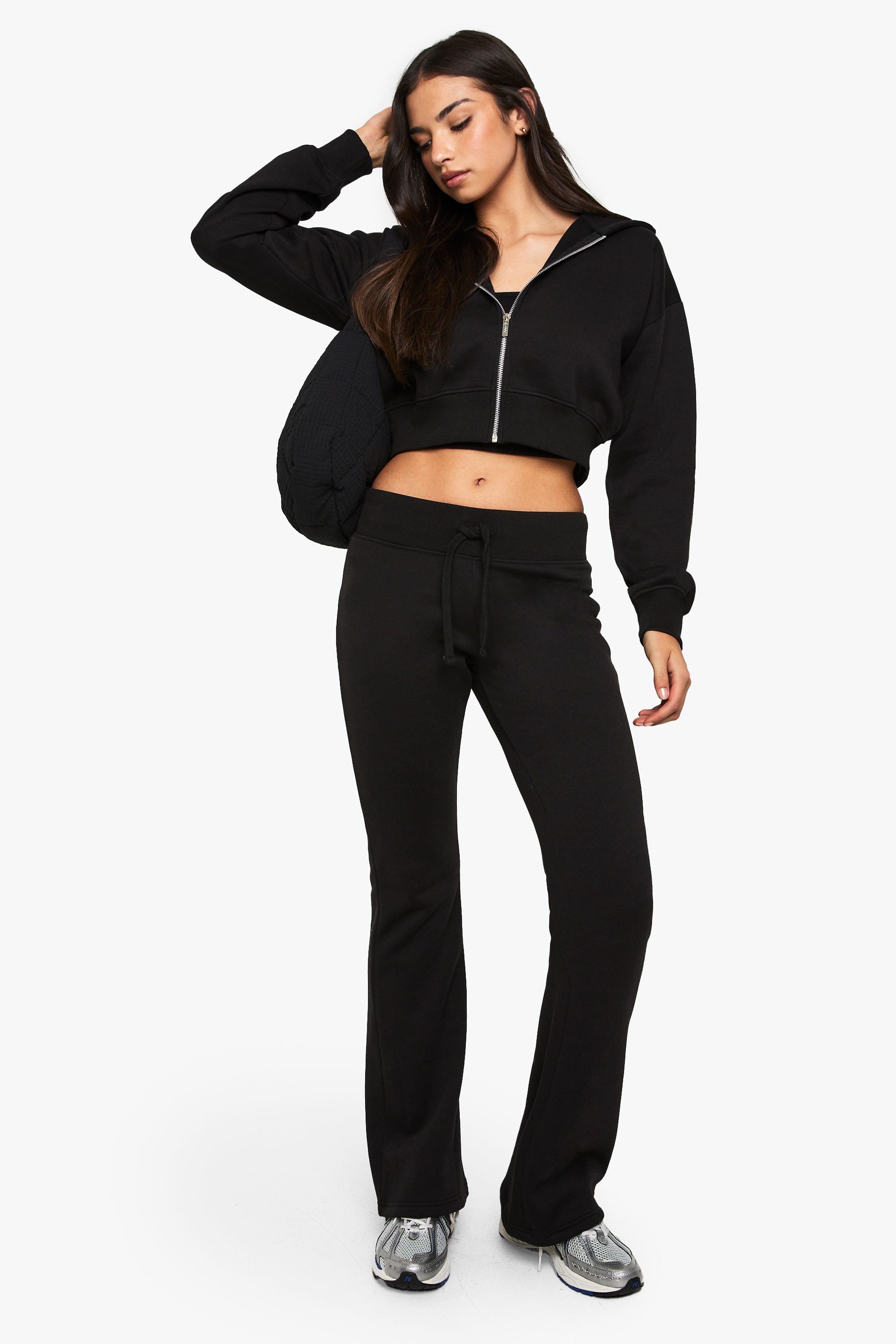 Boohoo Womens Shrunken Flared Jogger 3 Piece Tracksuit - Black Cotton - X-Large