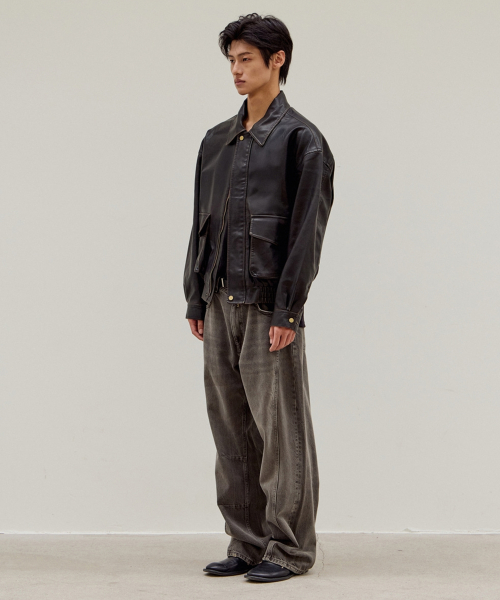 Washing Leather Real Pocket Bomber Jacket_Brown
