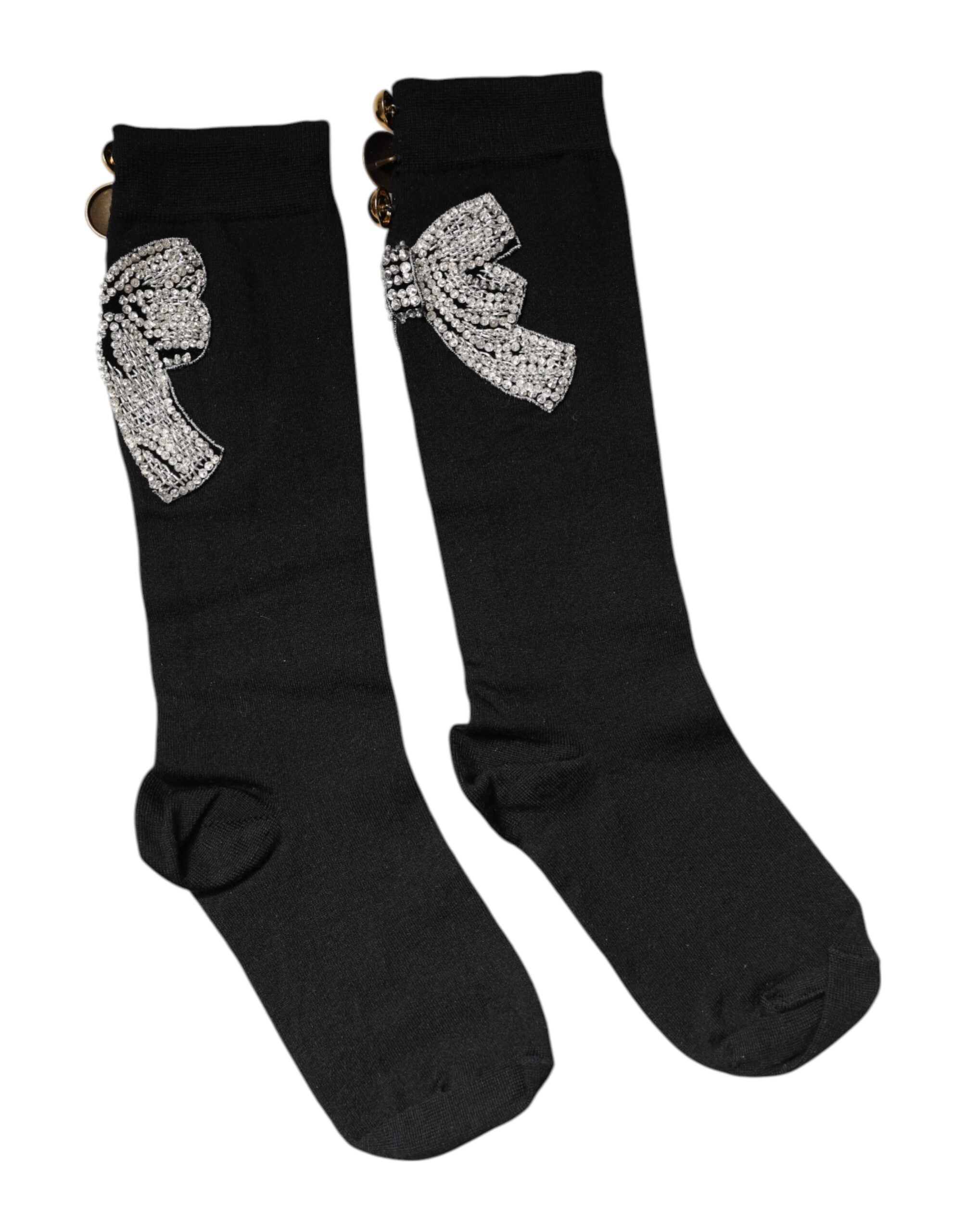 Black Knit Floral Crystal Embellishment Socks Virgin Wool Nylon Elastane Clothing