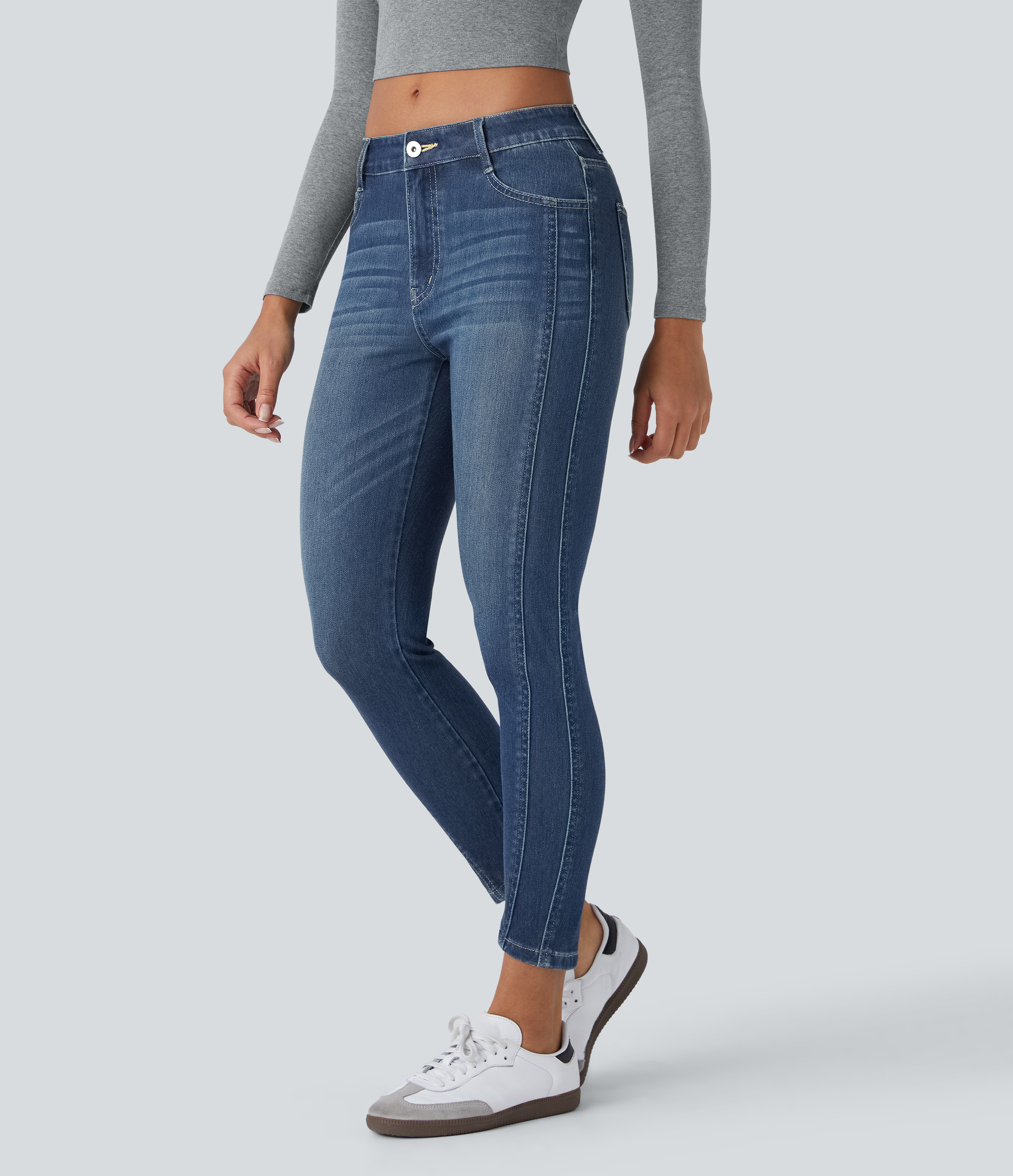 Flex™ Mid Low Rise Zipper Pockets Women Casual Skinny Denim Jeans - Vintage Blue Denim