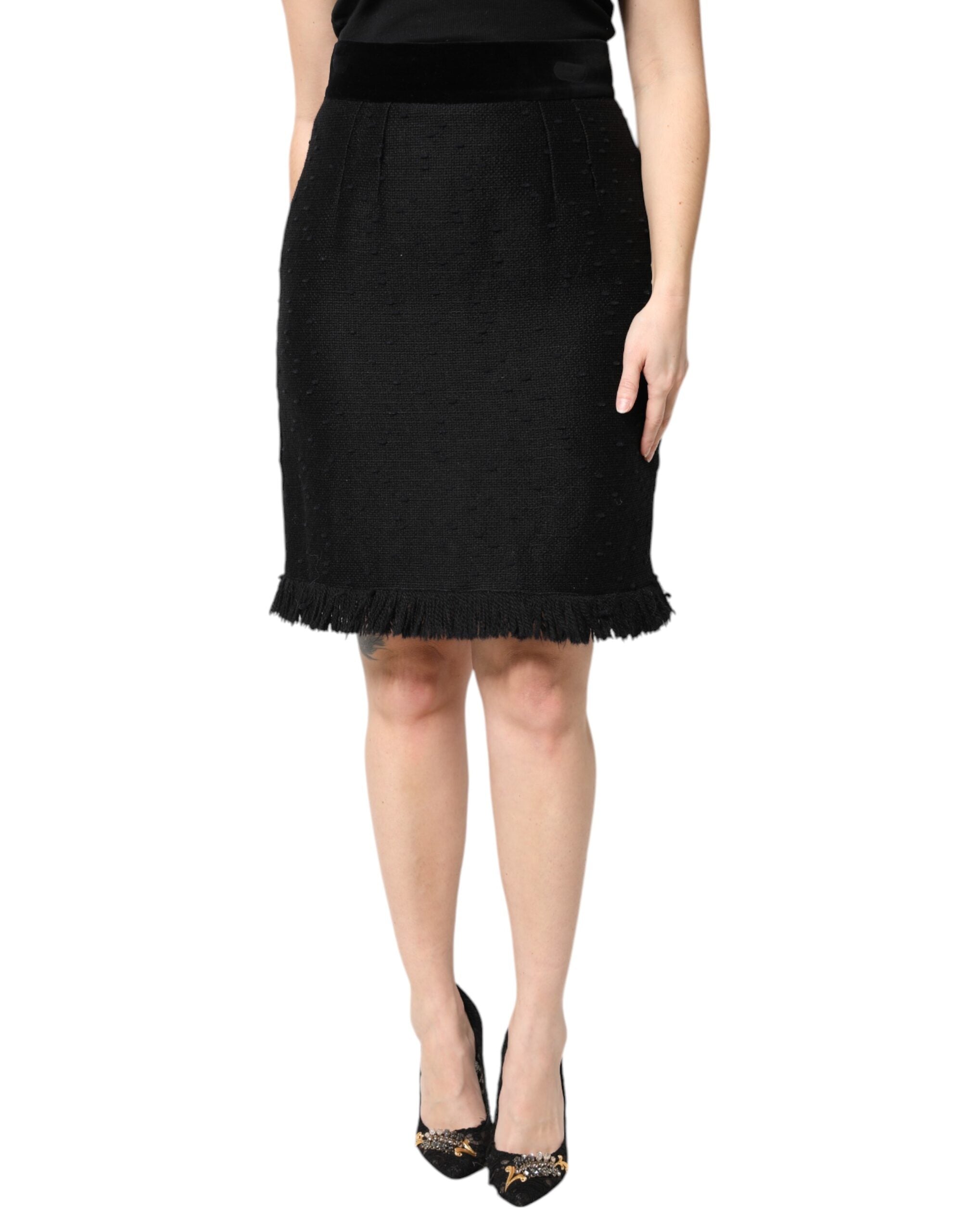 Fringe-Trimmed Wool Pencil Skirt — Black