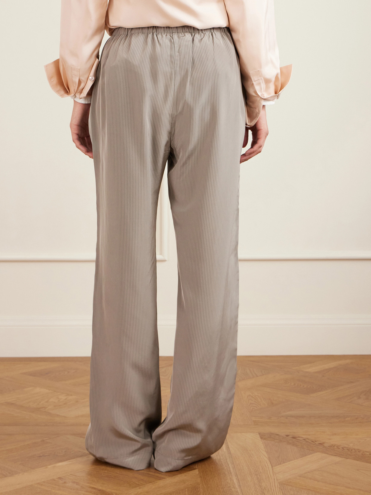 Striped Satin Wide-leg Pants - Gray