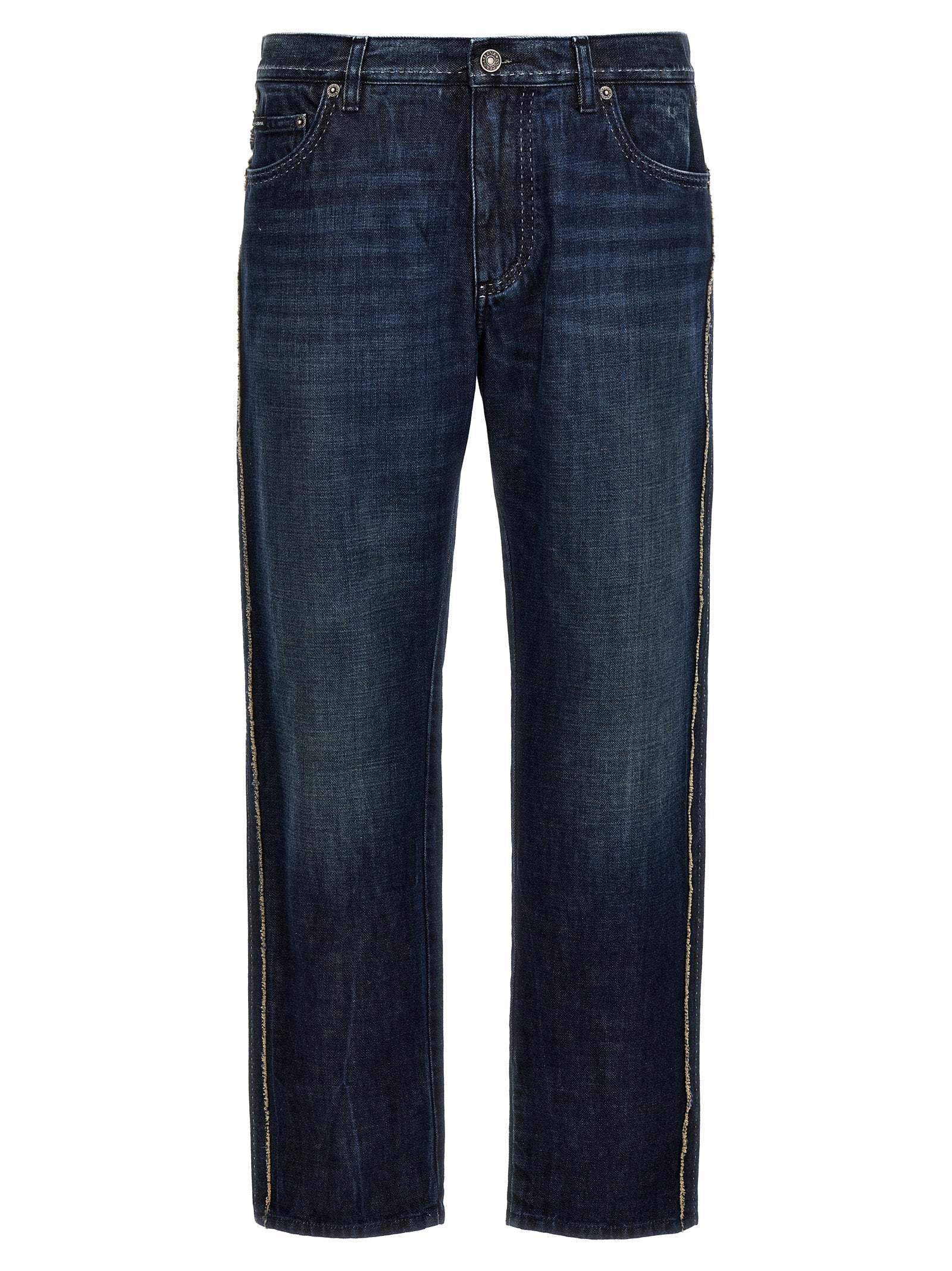 Frayed Side-Stitched Cotton Jeans — Blue