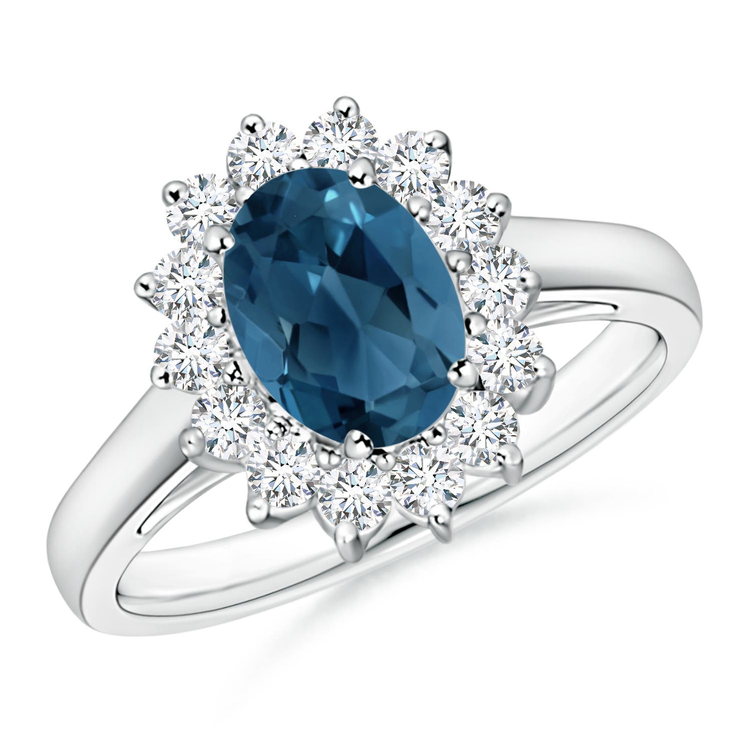 Angara 1.5 Carats Princess Diana Inspired London Blue Topaz Ring with Halo in Platinum