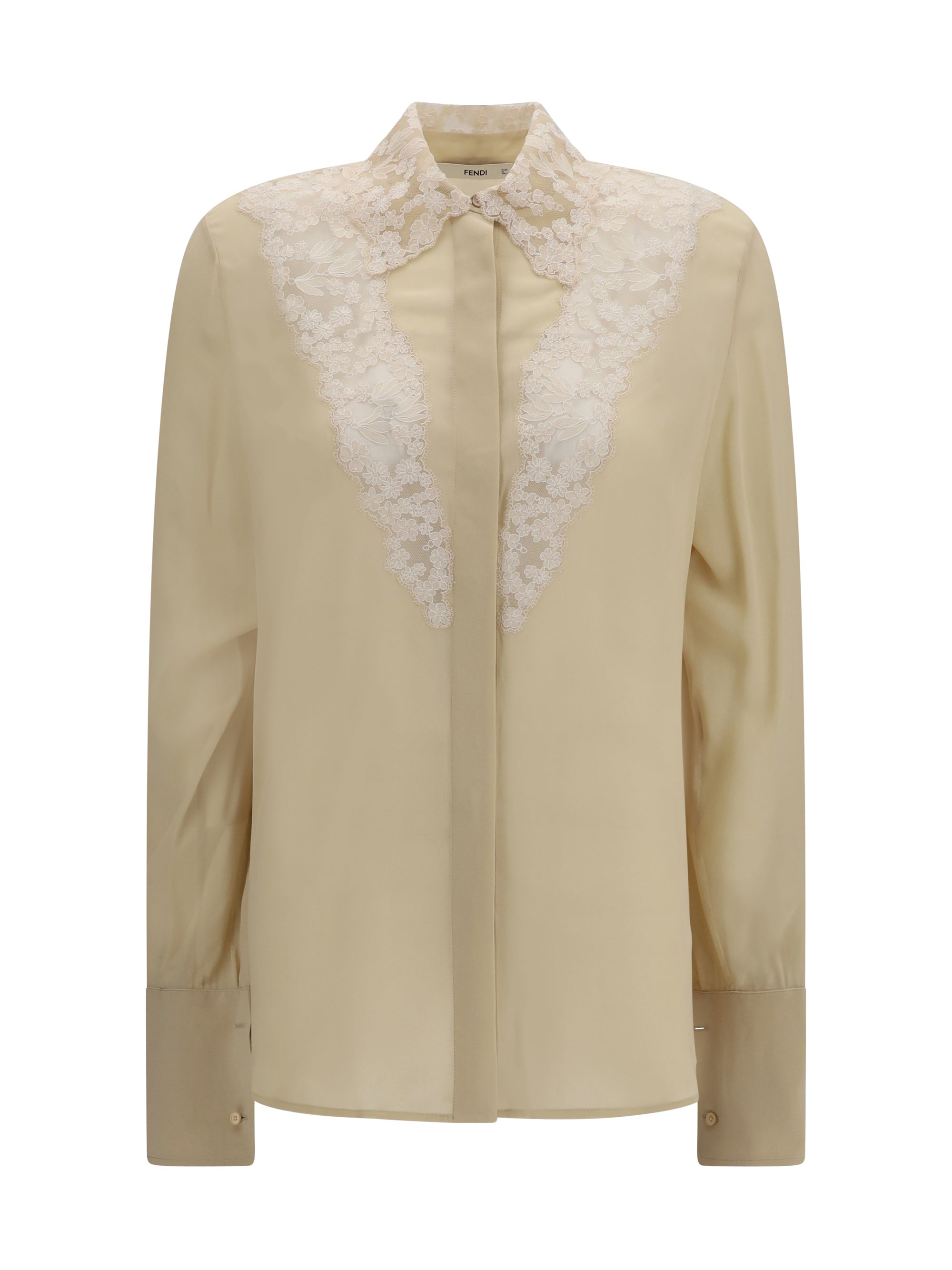 Lace-Collar Georgette Silk Shirt — Beige