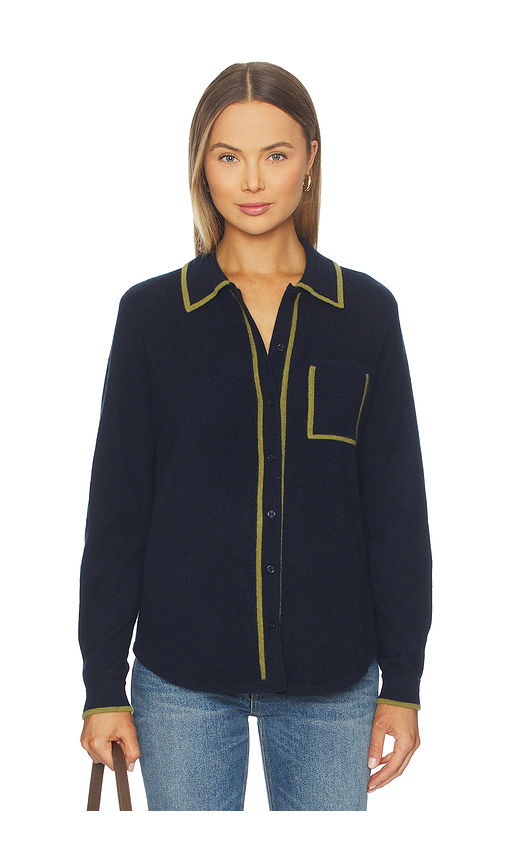 White + Warren Cashmere Tipped Button Shirt in Navy. L. Also in M