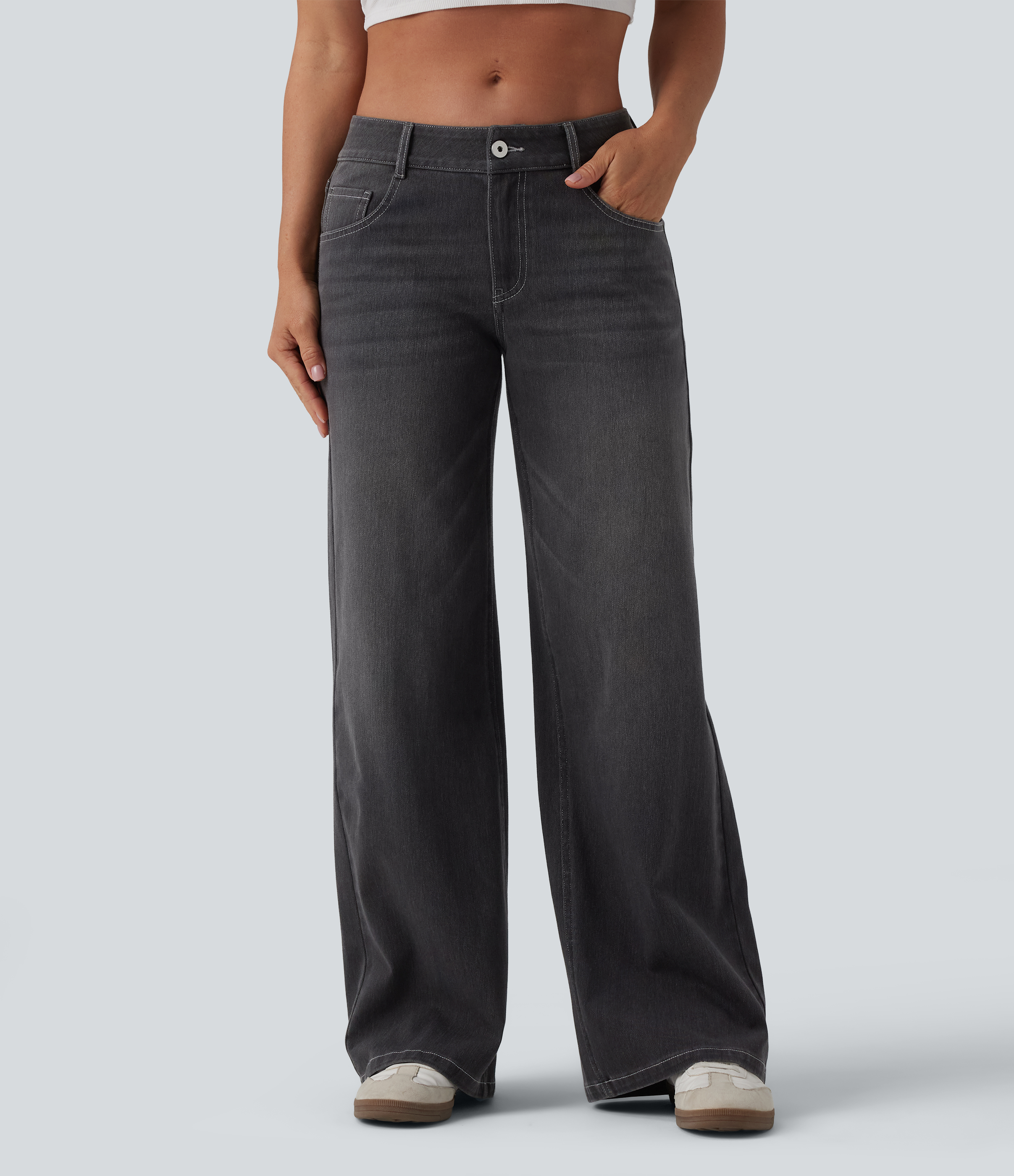 Flex™ Low Rise Zipper Pockets Washed Baggy Wide Leg Casual Jeans  - Poppy Seed Denim