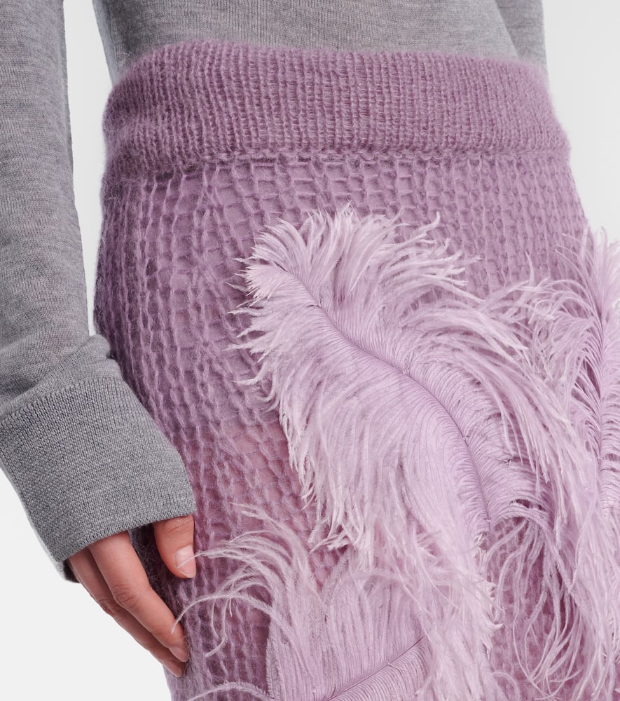 Feather-trimmed knitted midi skirt