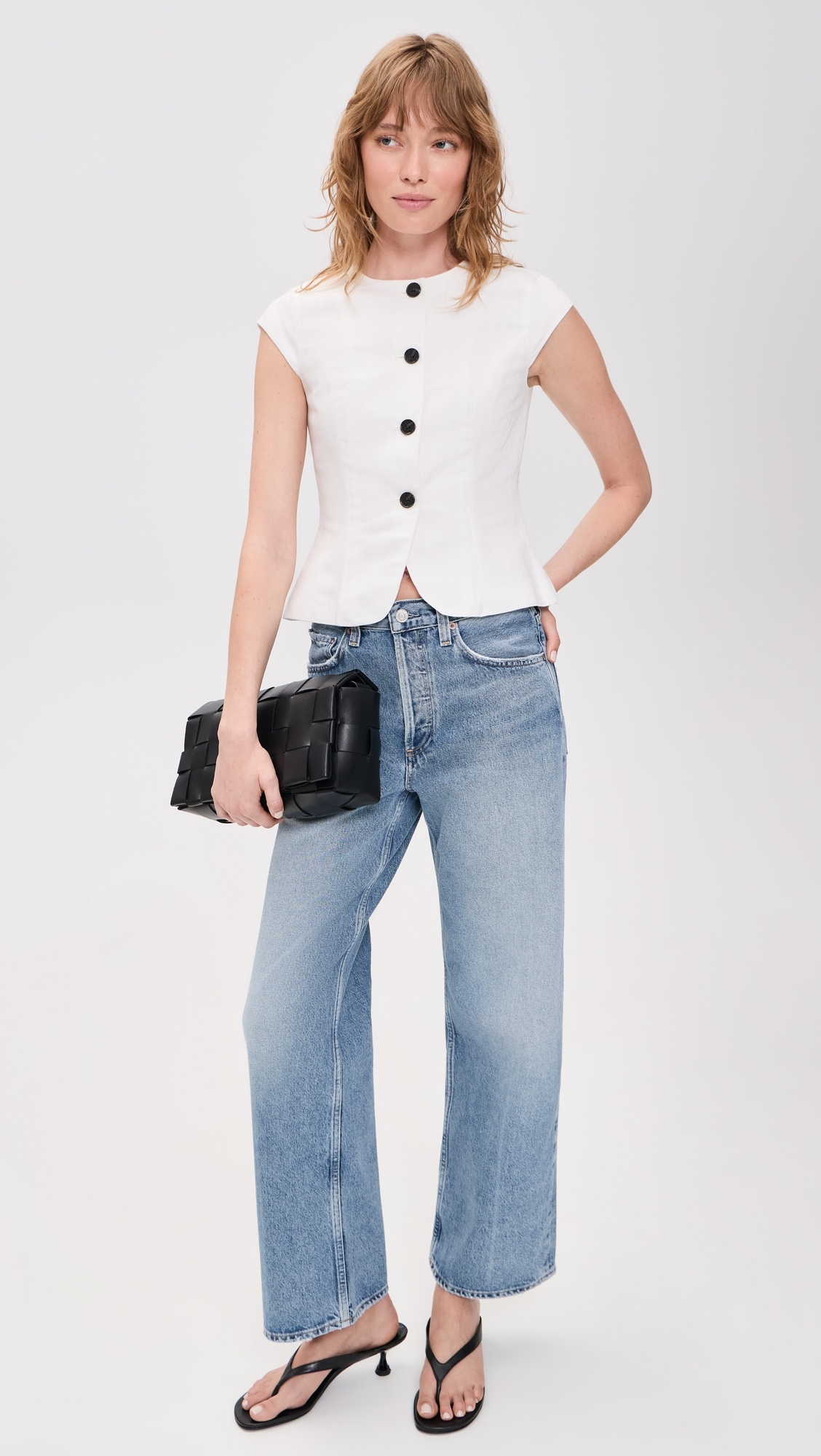 Connie Linen Mix Button Up Top White