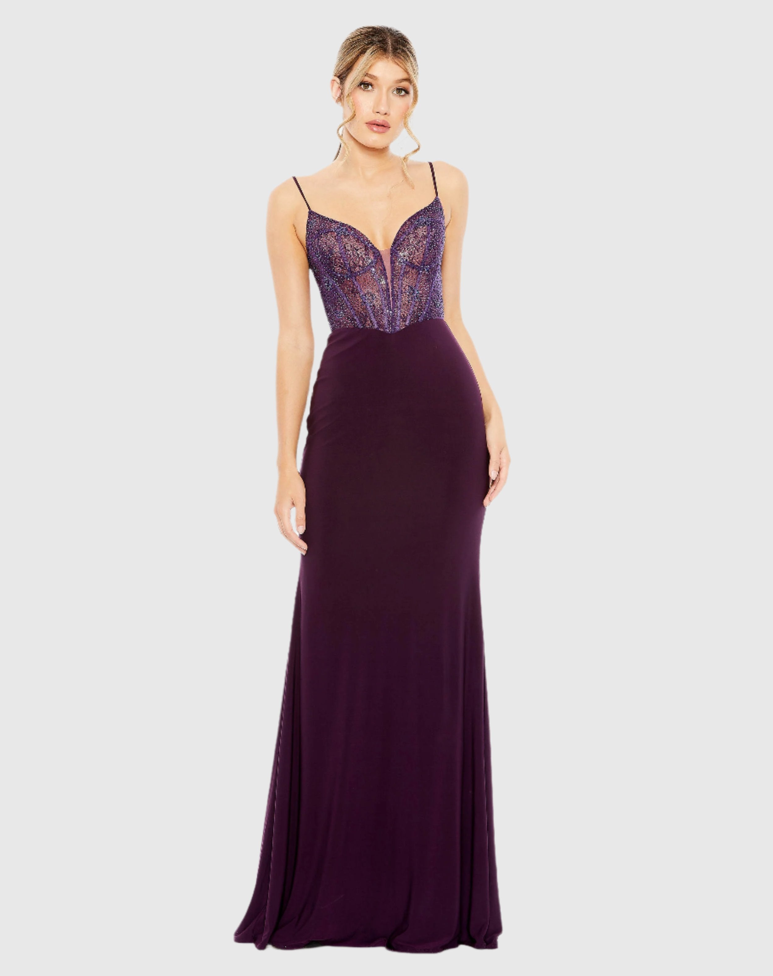 Dark Purple Sweetheart Mesh Embellished Wedding Guest Maxi Gown In Purple
