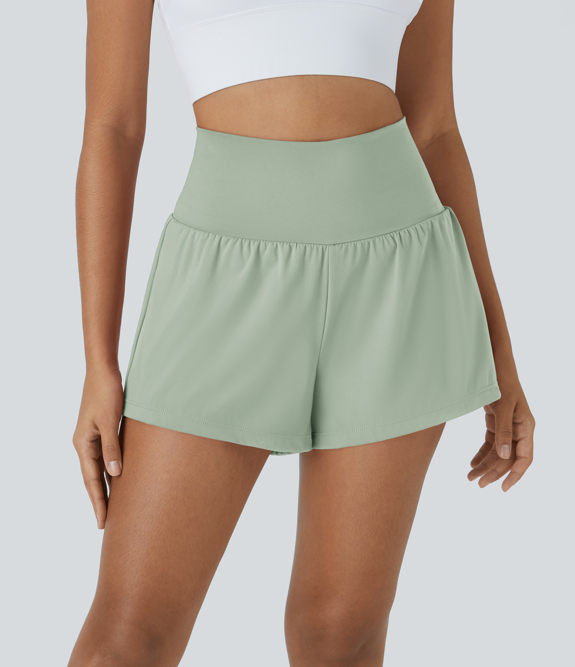 SoftlyZero™ Airy Super High Waisted 2-in-1 Cool Touch Yoga Shorts with Pockets Gym Short - Light Bean Green