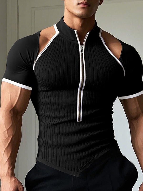 Mens Cut-Out Design Half-Zip Short Sleeve T-Shirt SKUK99805 - Black / S
