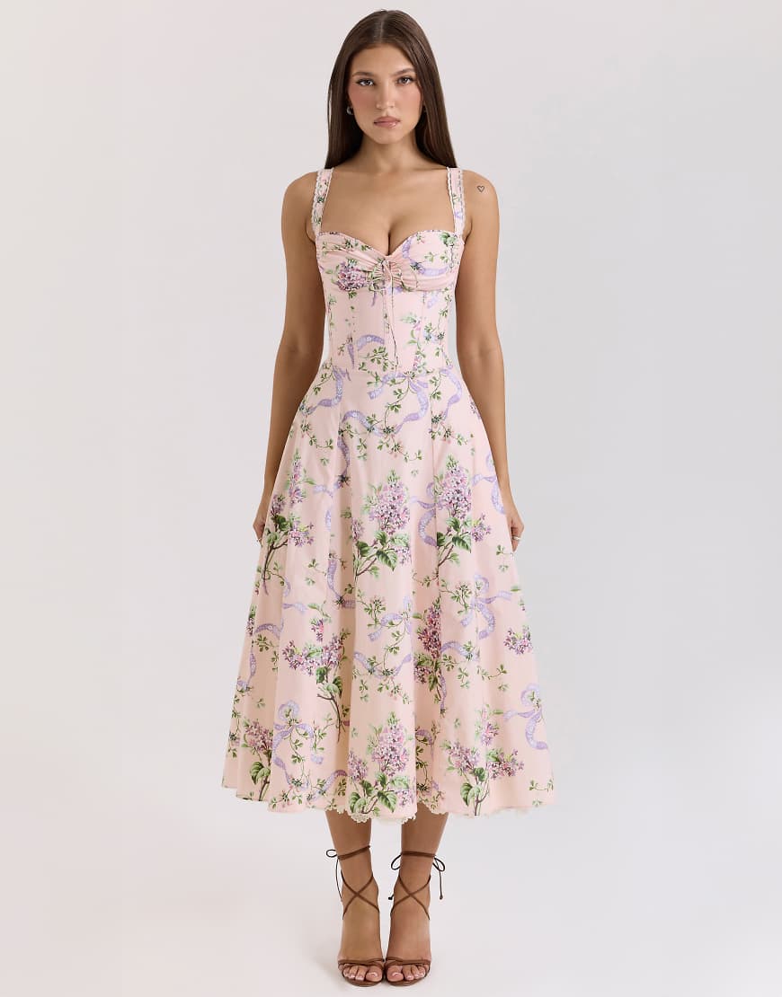 House of CB Rosalee pink floral corset midi dress in pink floral