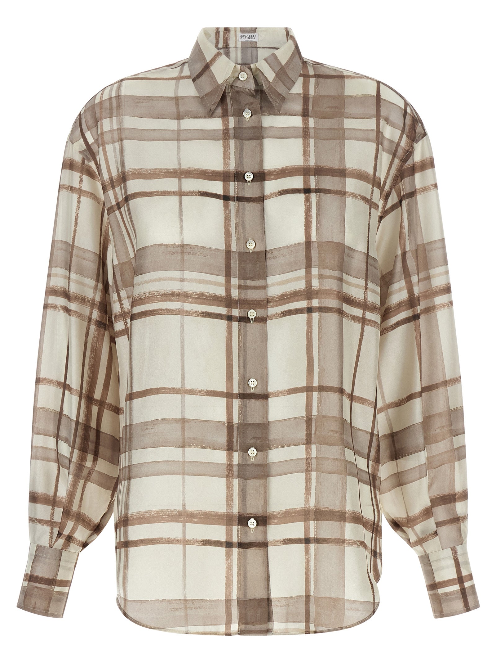 Check-Pattern Silk Blouse — Beige