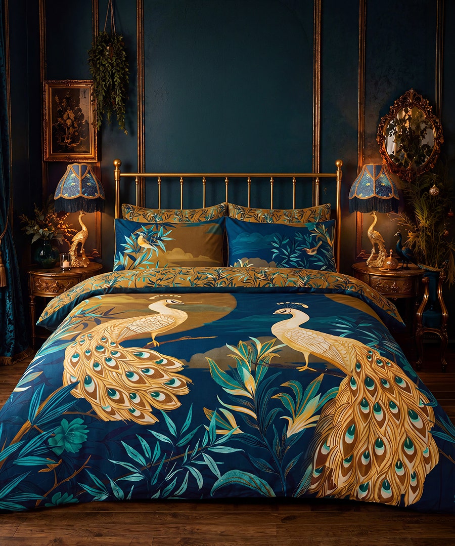 Gilded Peacocks Cotton Sateen Reversible Duvet Set - Double - Blue - by Joe Brown