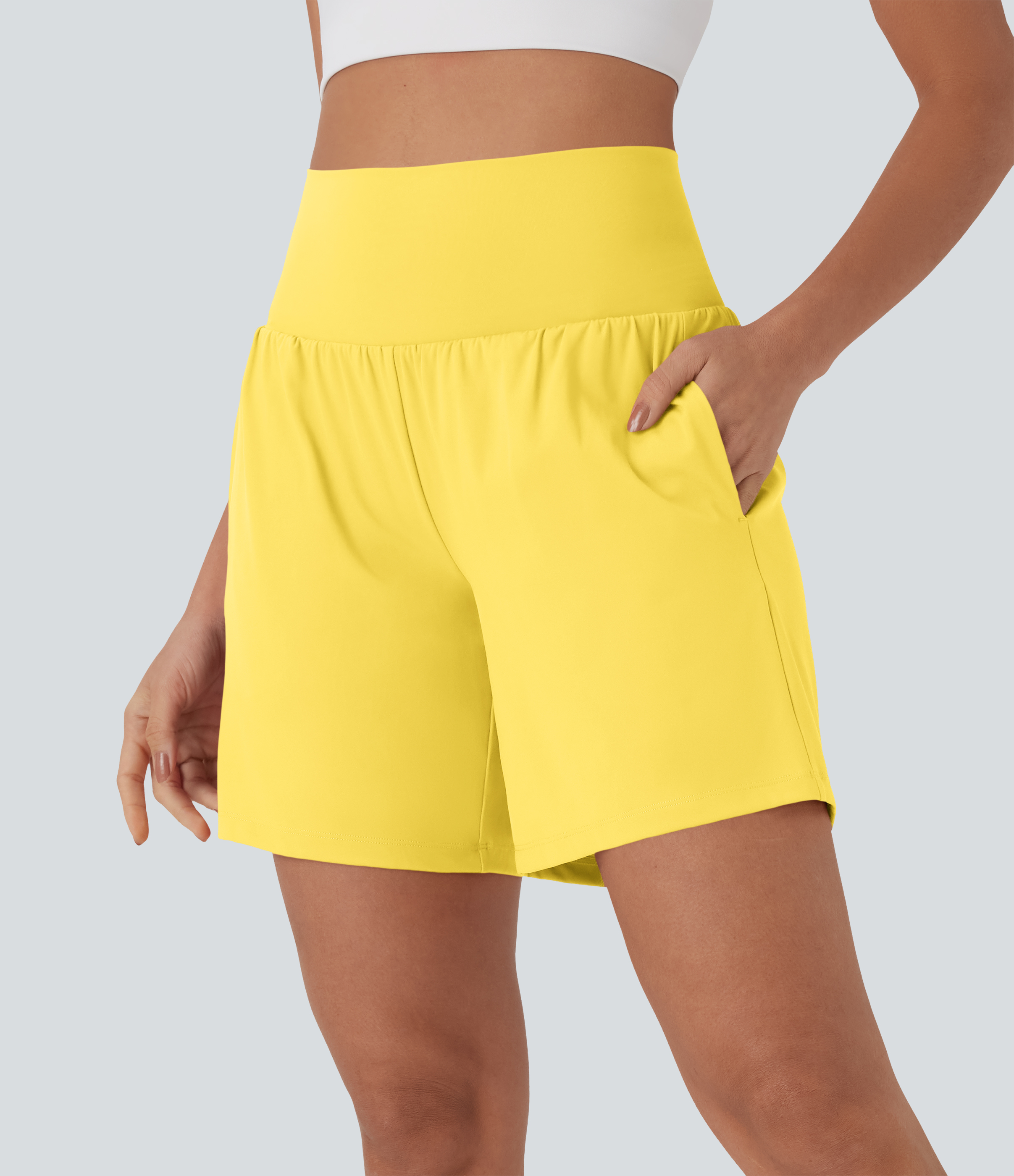 "Softlyzero™ Airy Super High Waisted 2-in-1 Cool Touch Yoga Shorts 7"" with Pockets Gym Short - Goldfinch