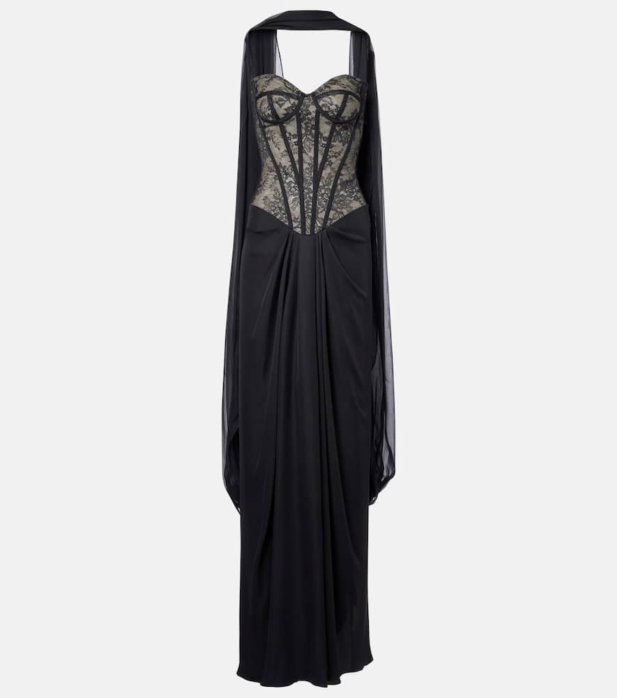 Scarf-detail draped lace gown