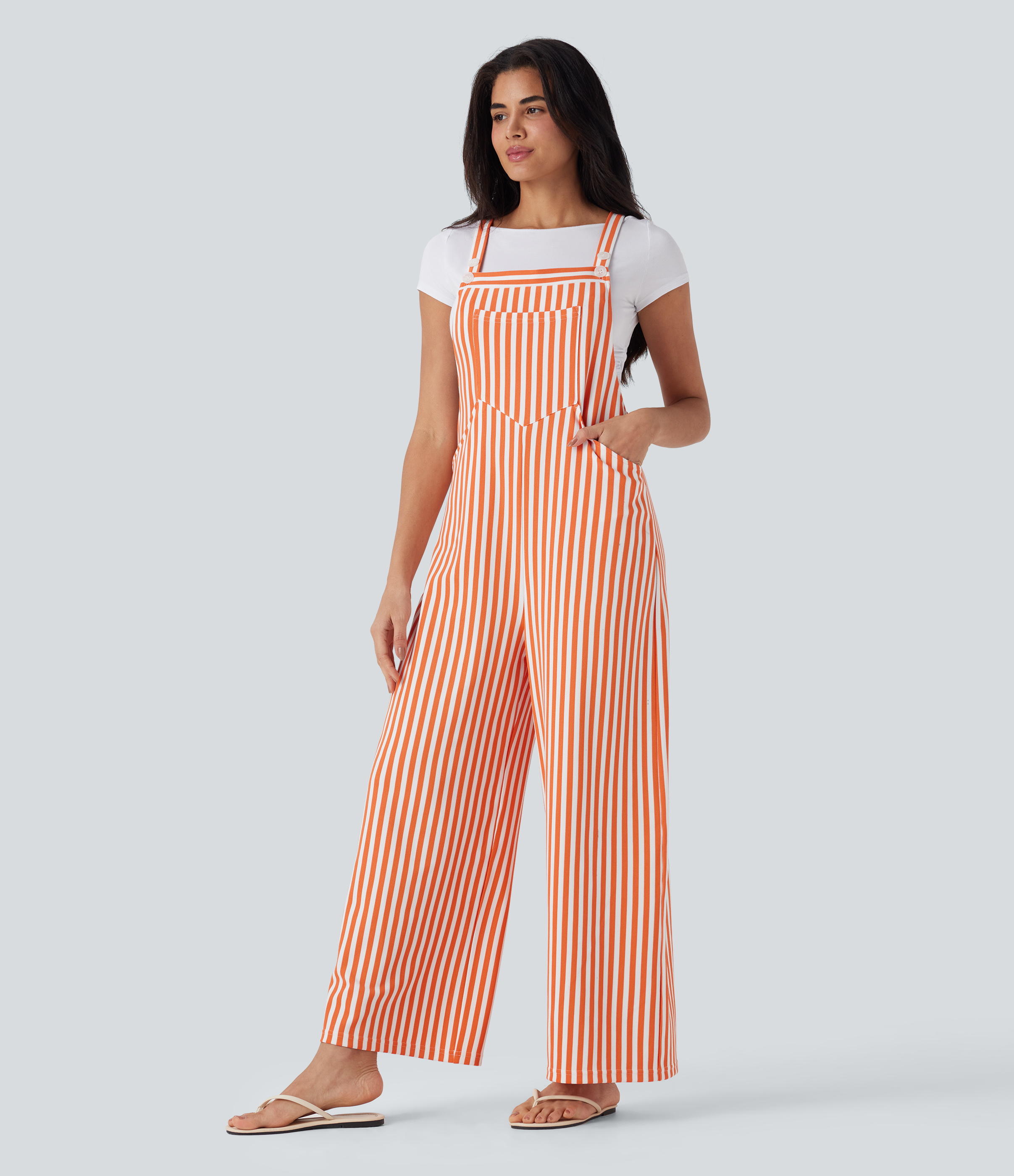 Pockets Stripe Waffle Overalls  - Orange Stripe