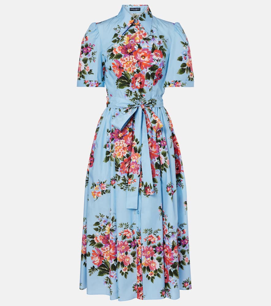 Floral belted cotton poplin shirt dress