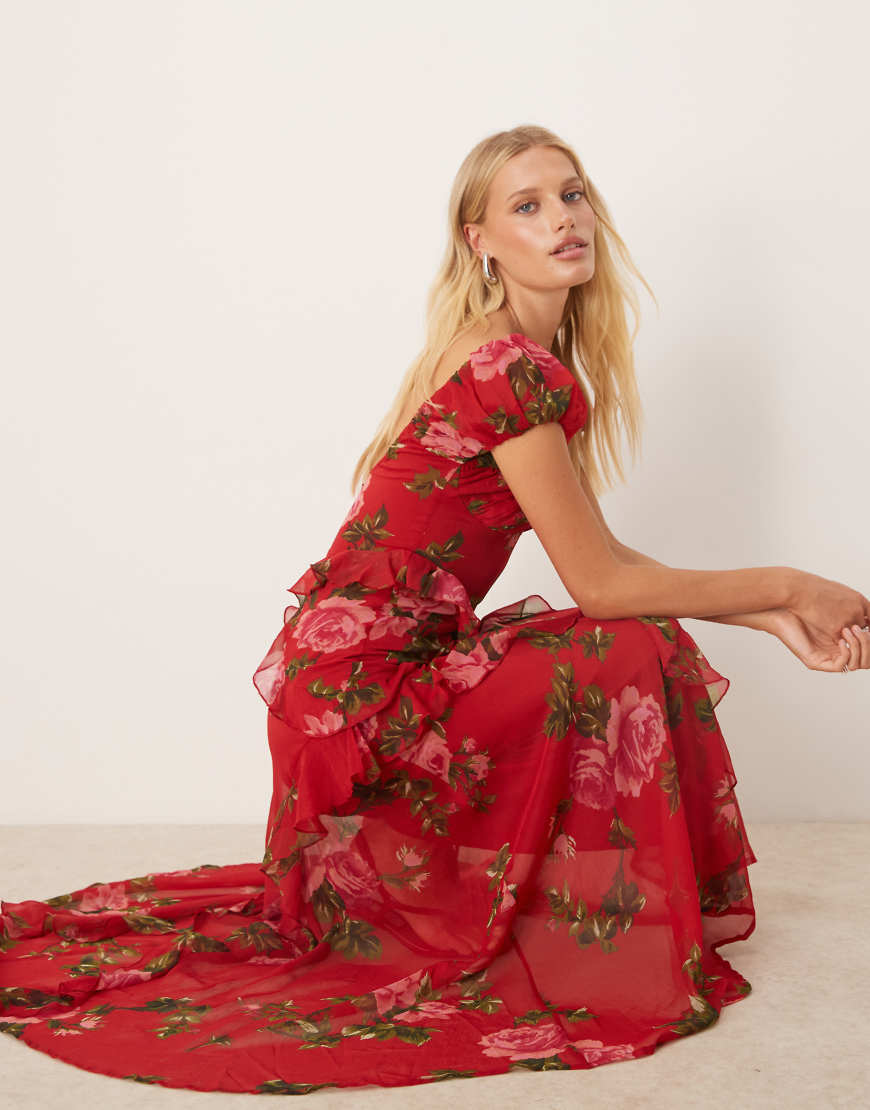 Gathered sleeve midi dress with ruffles in red based floral print-Multi