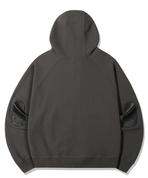 Leather Patch Waffle Hooded Zip-Up_Charcoal