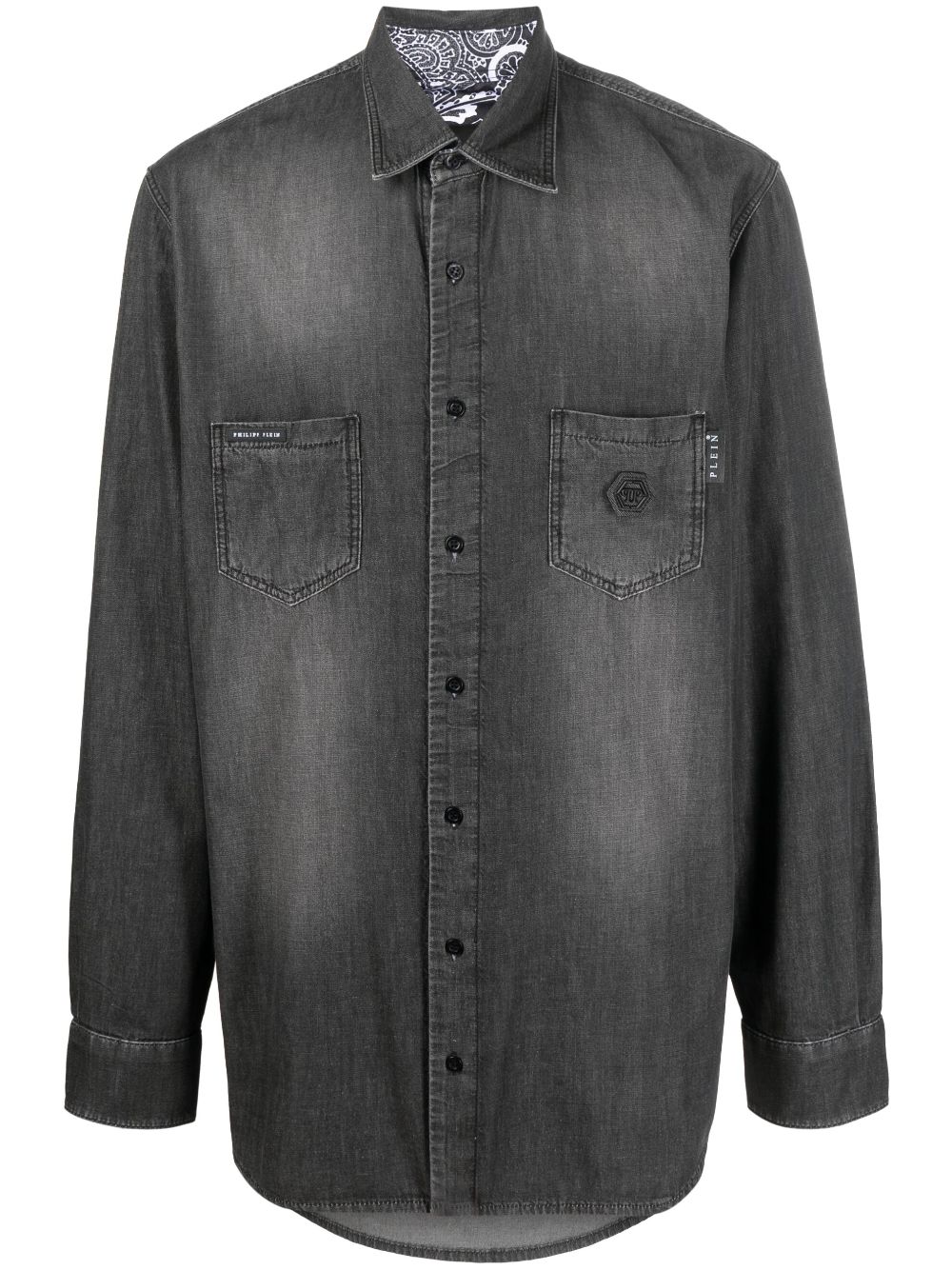 Rhinestone skull-print denim shirt - Blue