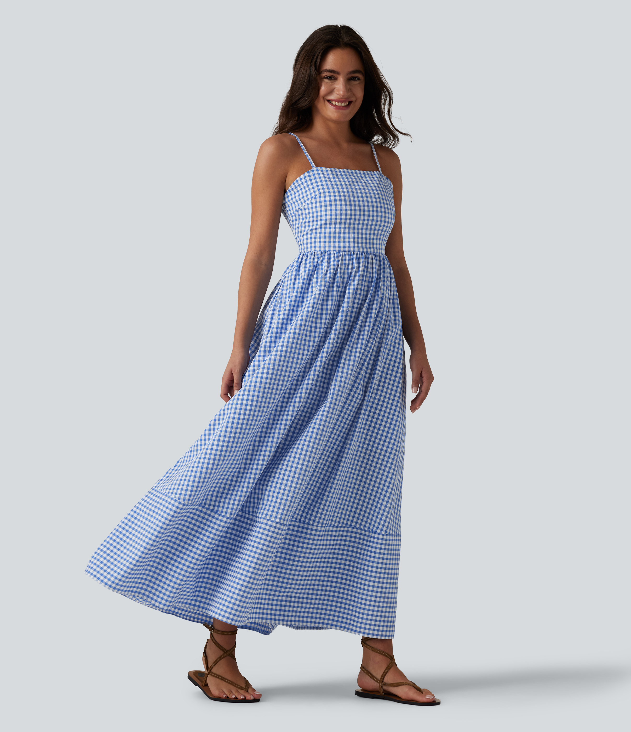 Halara Invisible Zipper Gingham Flowy Maxi Casual Slip Dress with Pockets - Blue White Bubble Grid