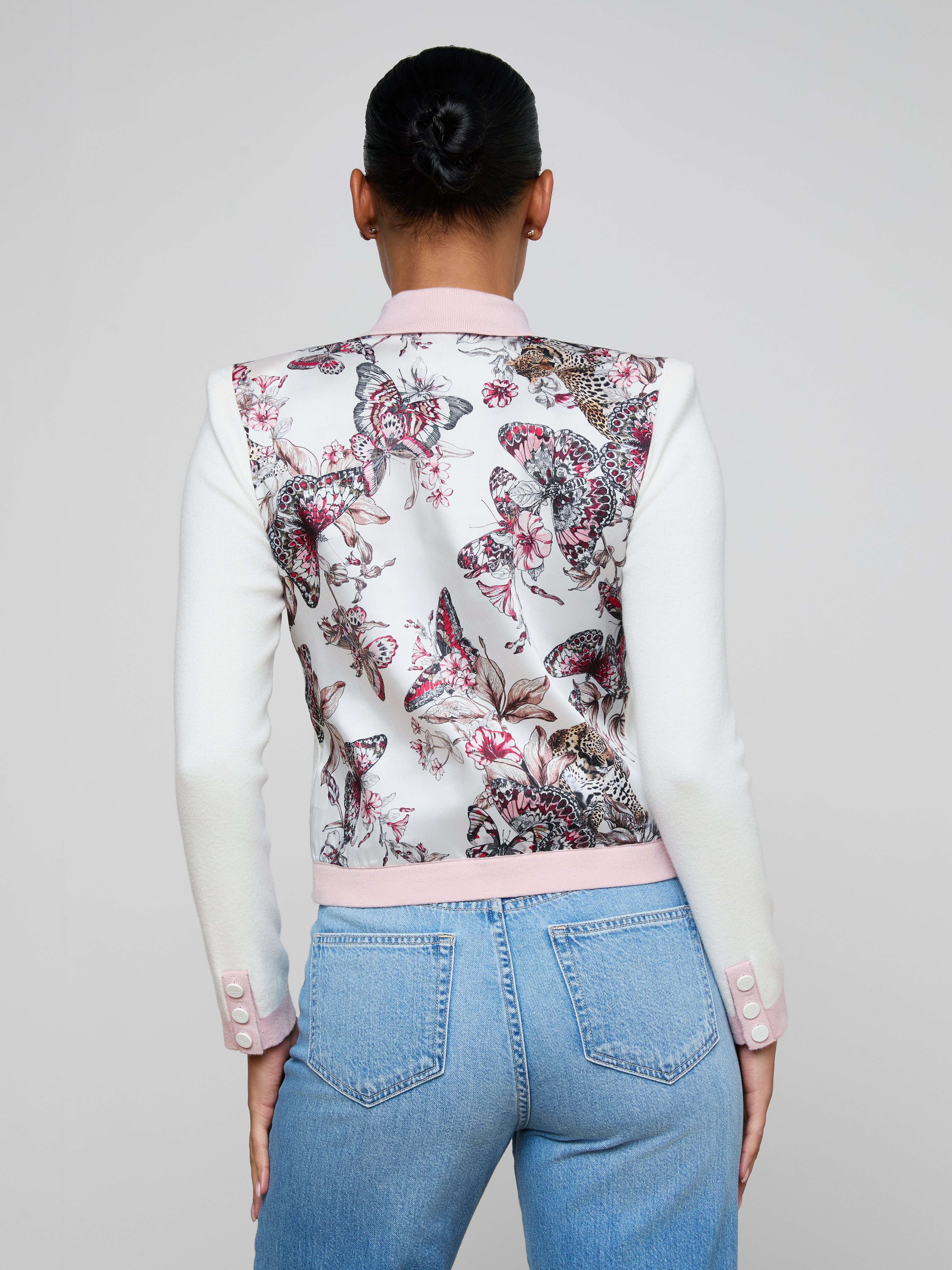 Nomi Satin Back Cardigan In Ivory/pink/multi Butterfly Jungle