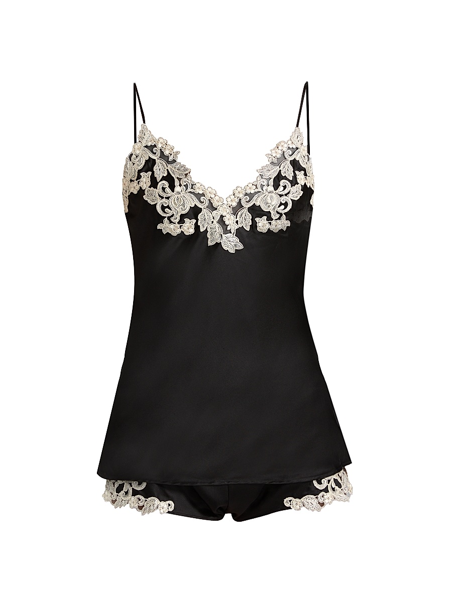 Women's Lace-Trim Silk Pajamas - Black