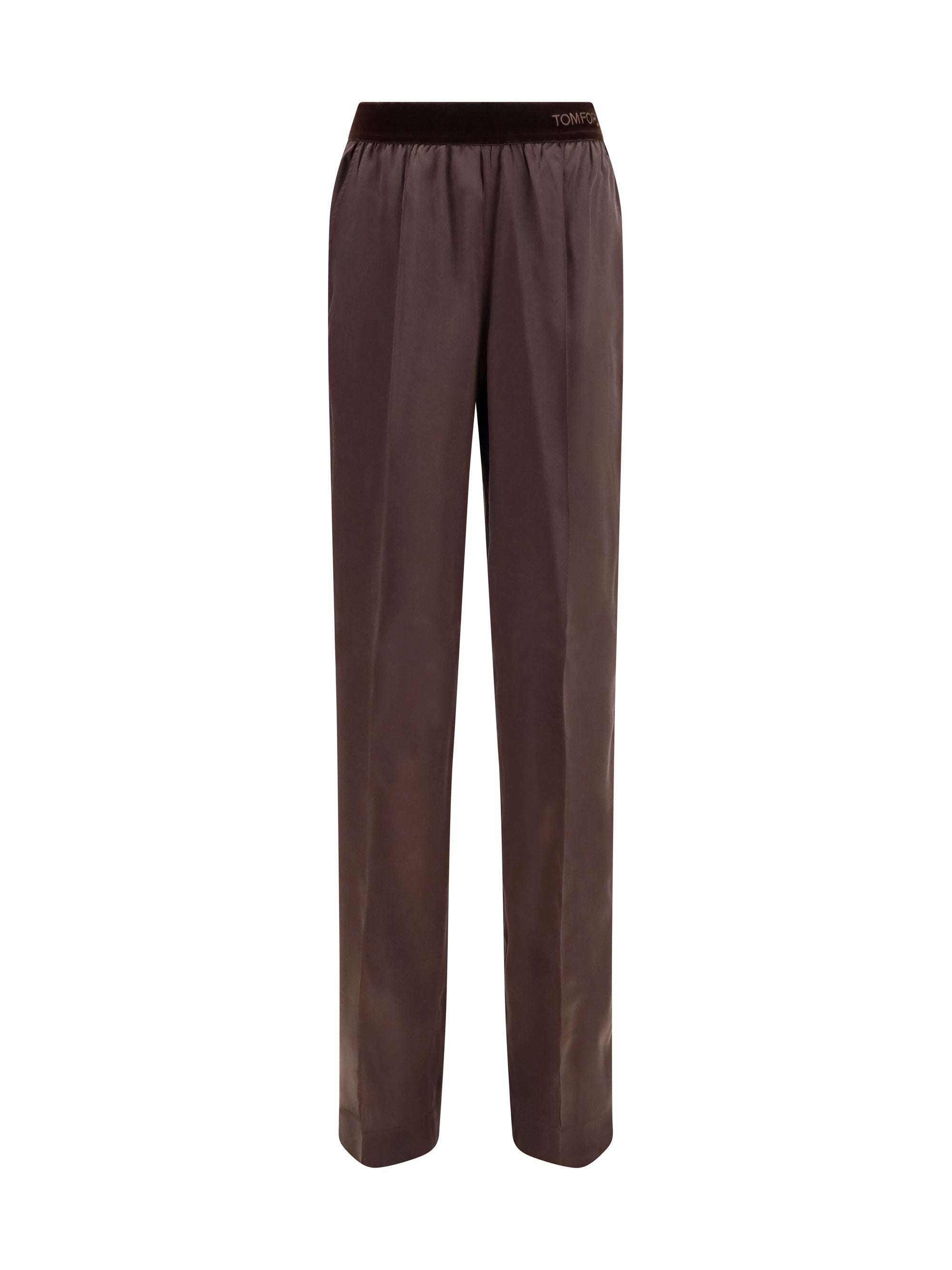 Stretch Silk Satin Trousers — Brown