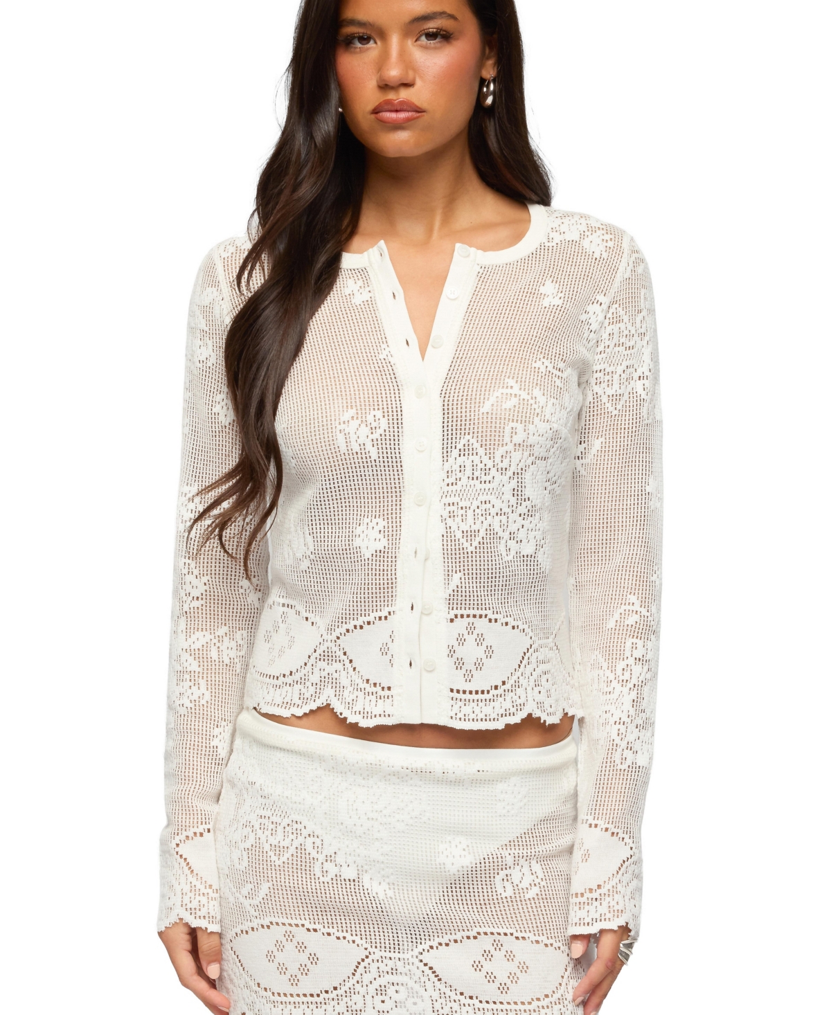 Women's Rusa Button Up Sheer Crochet Top - White