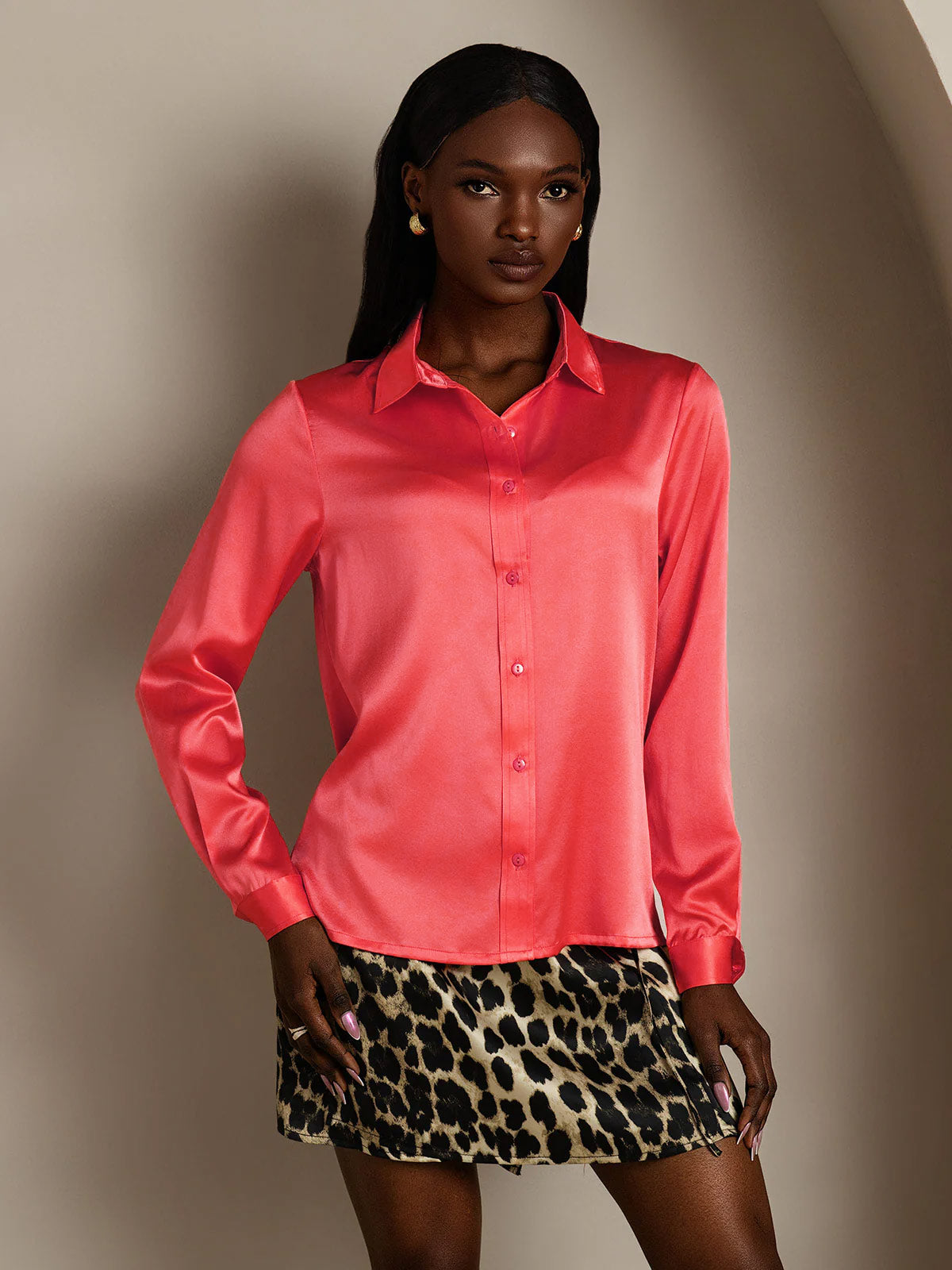 19Momme Silk Lapel Collar Long Sleeve Women's Shirt
