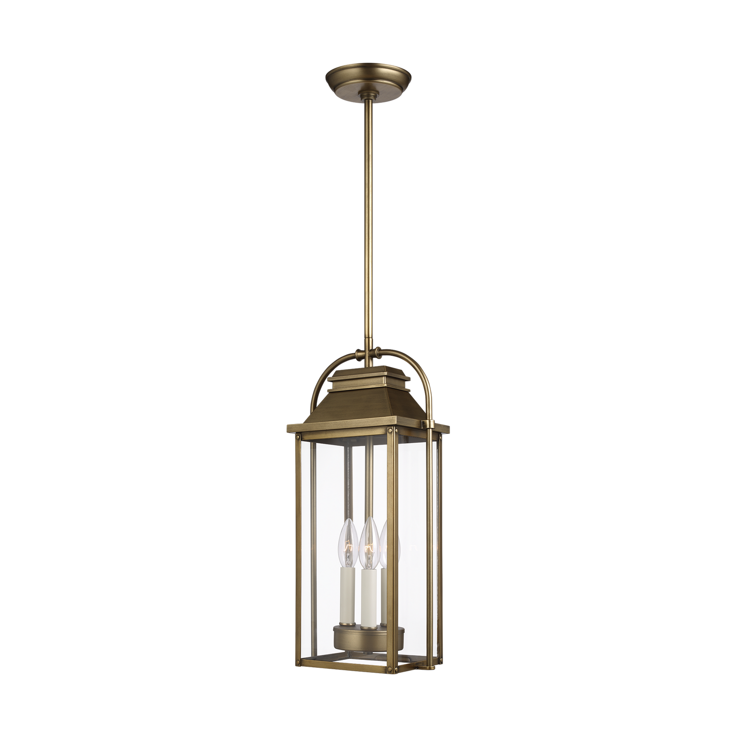 Visual Comfort Studio Wellsworth 3-Light Outdoor Hanging Light in Painted Distressed Brass by Sean Lavin