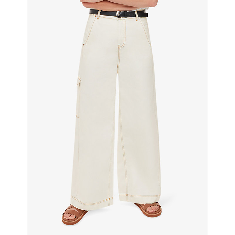 Womens White Patch-pocket Wide-leg Mis-rise Denim Jeans