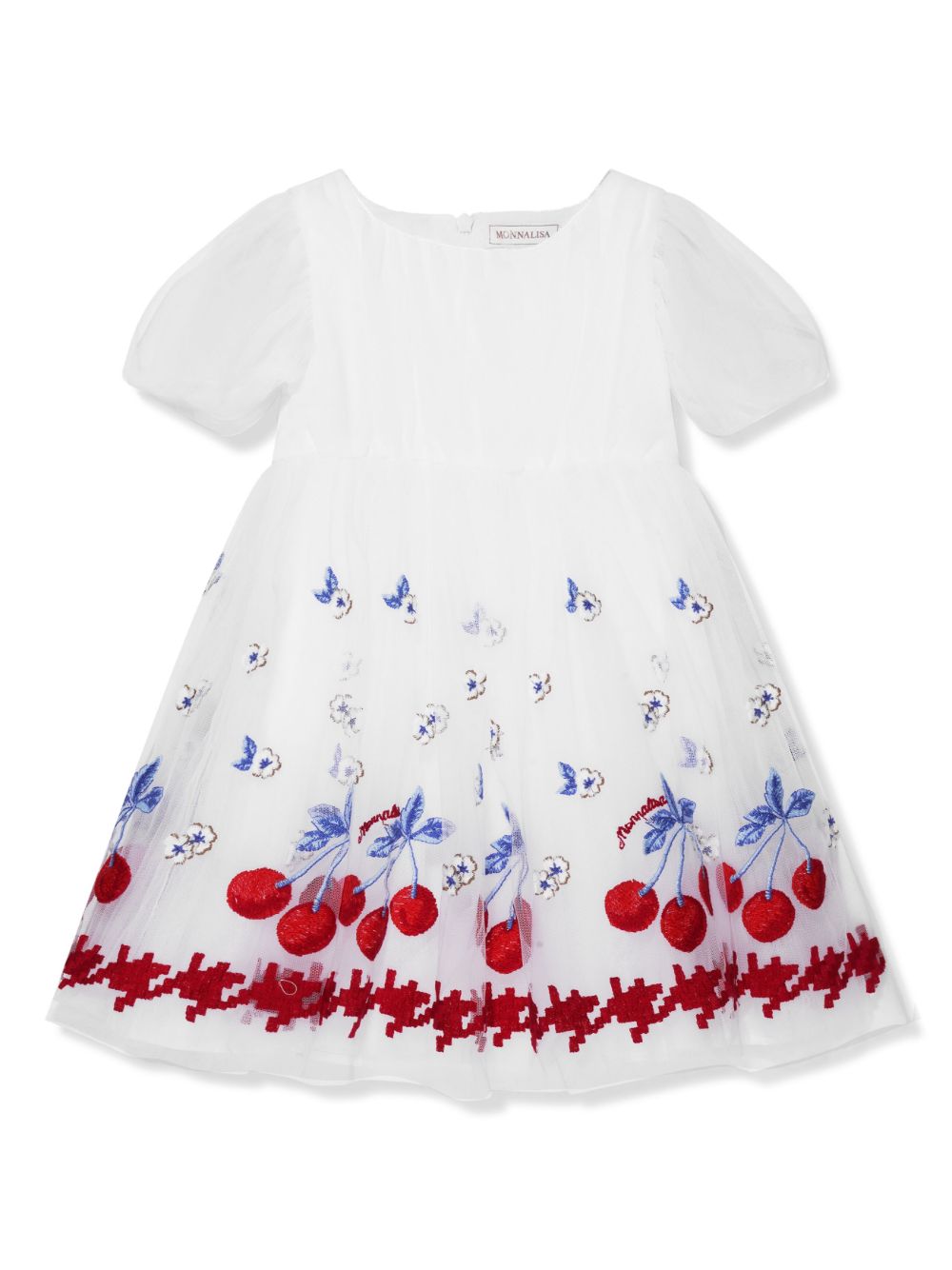 Embroidered-cherry panelled dress - White