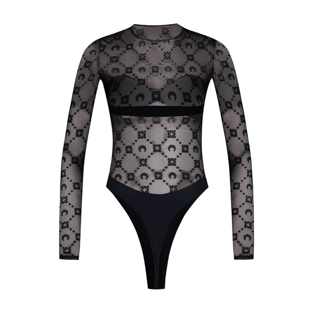 Moonogram Mesh Flock Bodysuit — Black