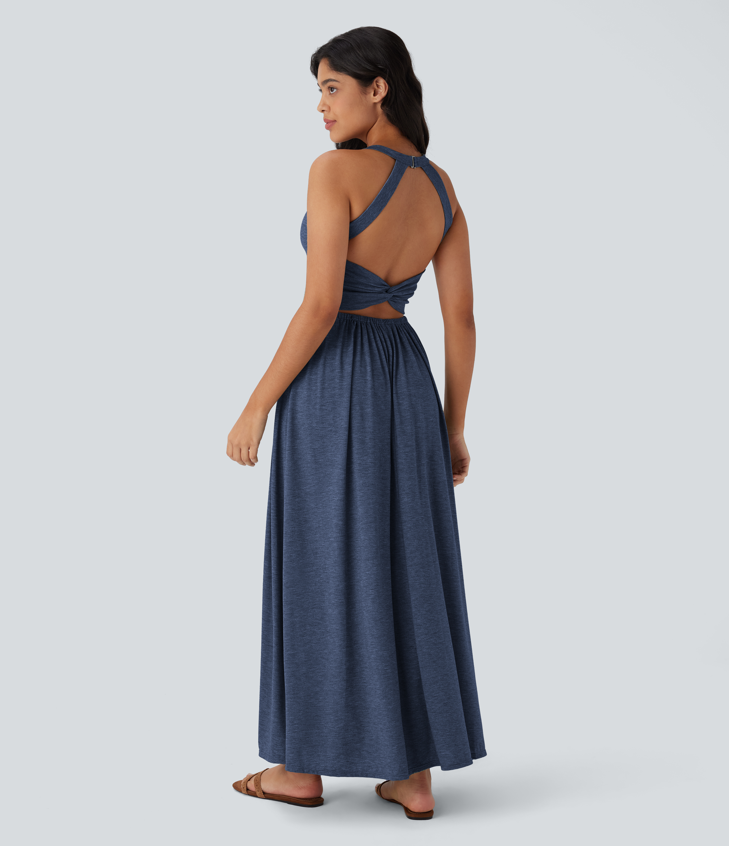 Twisted Backless Split Flowy Maxi Resort Dress with Pockets Casual Dress - Mottled Indigo
