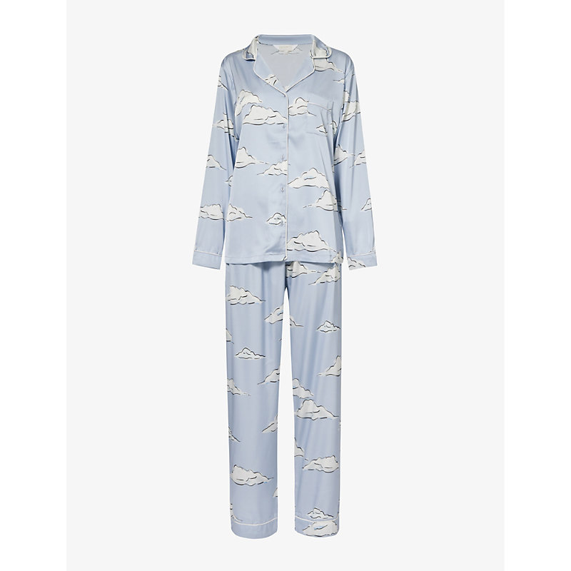 Womens Lilac Cloud Cloud-print Relaxed-fit Stretch-satin Pyjamas 