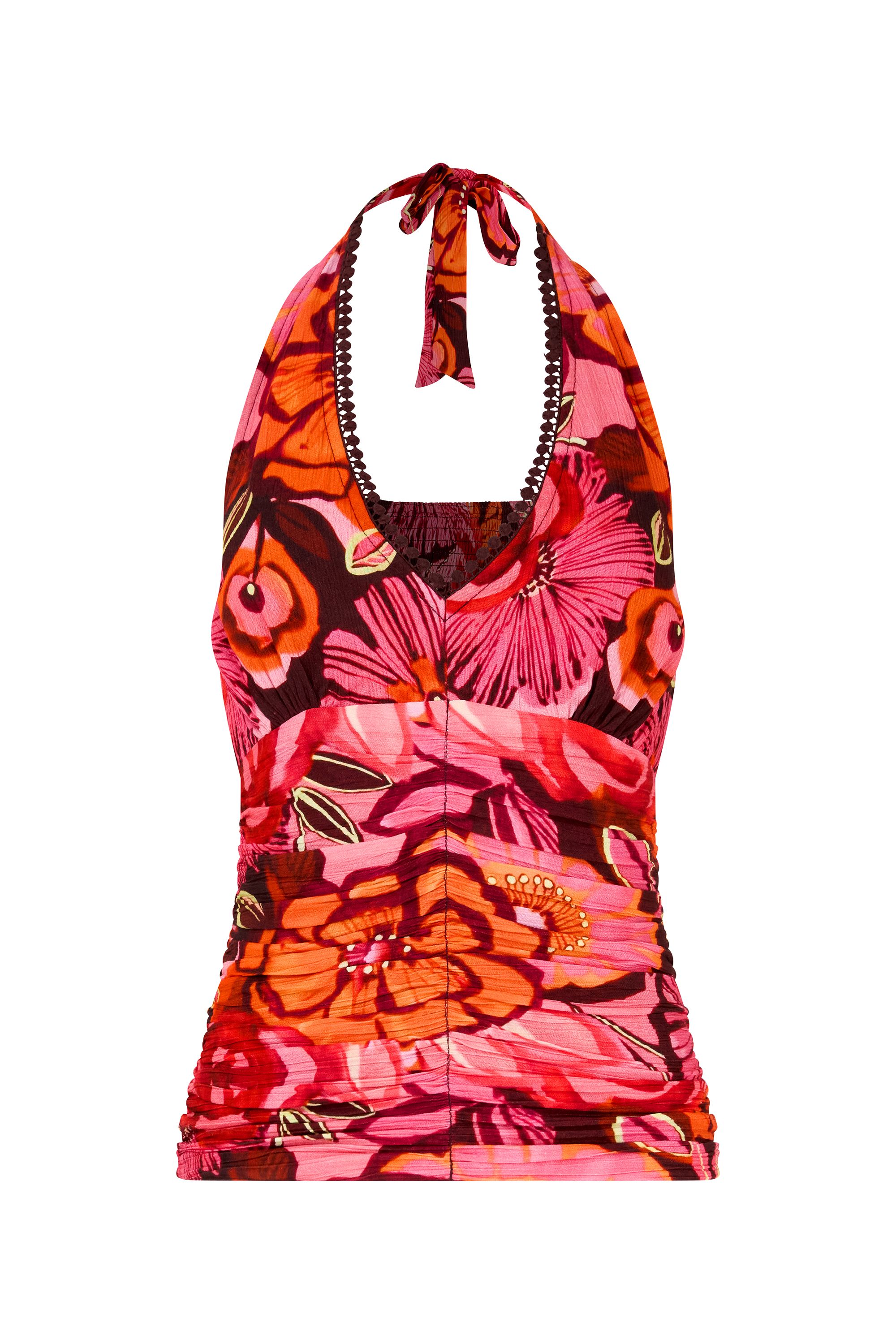 Joe Browns Floral Halter Top With Pompom Trim And Shirred Back In Pink
