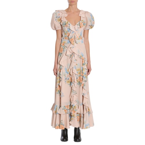 Floral Print Ruched Silk Dress