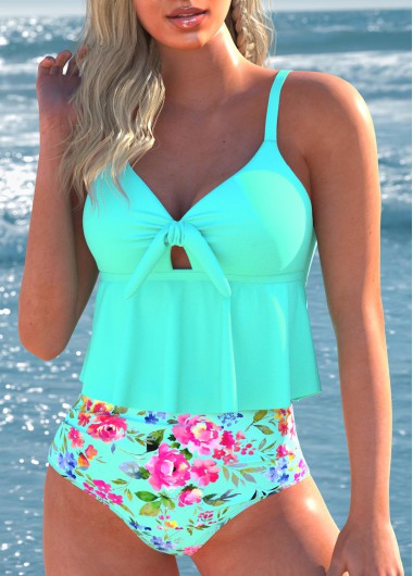 Modlily Bowknot Floral Print Mint Green Bikini Set