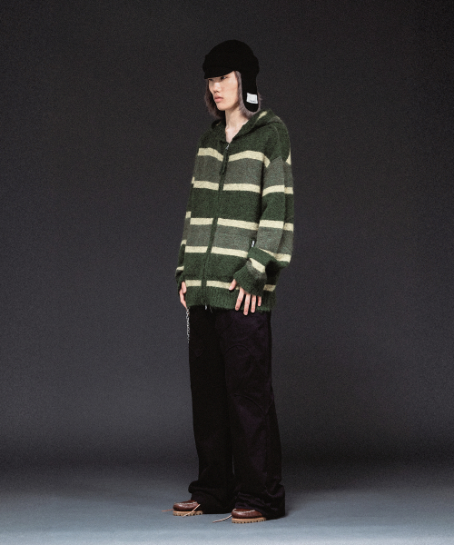 STRIPE KNIT HOODIE ZIP-UP KHAKI