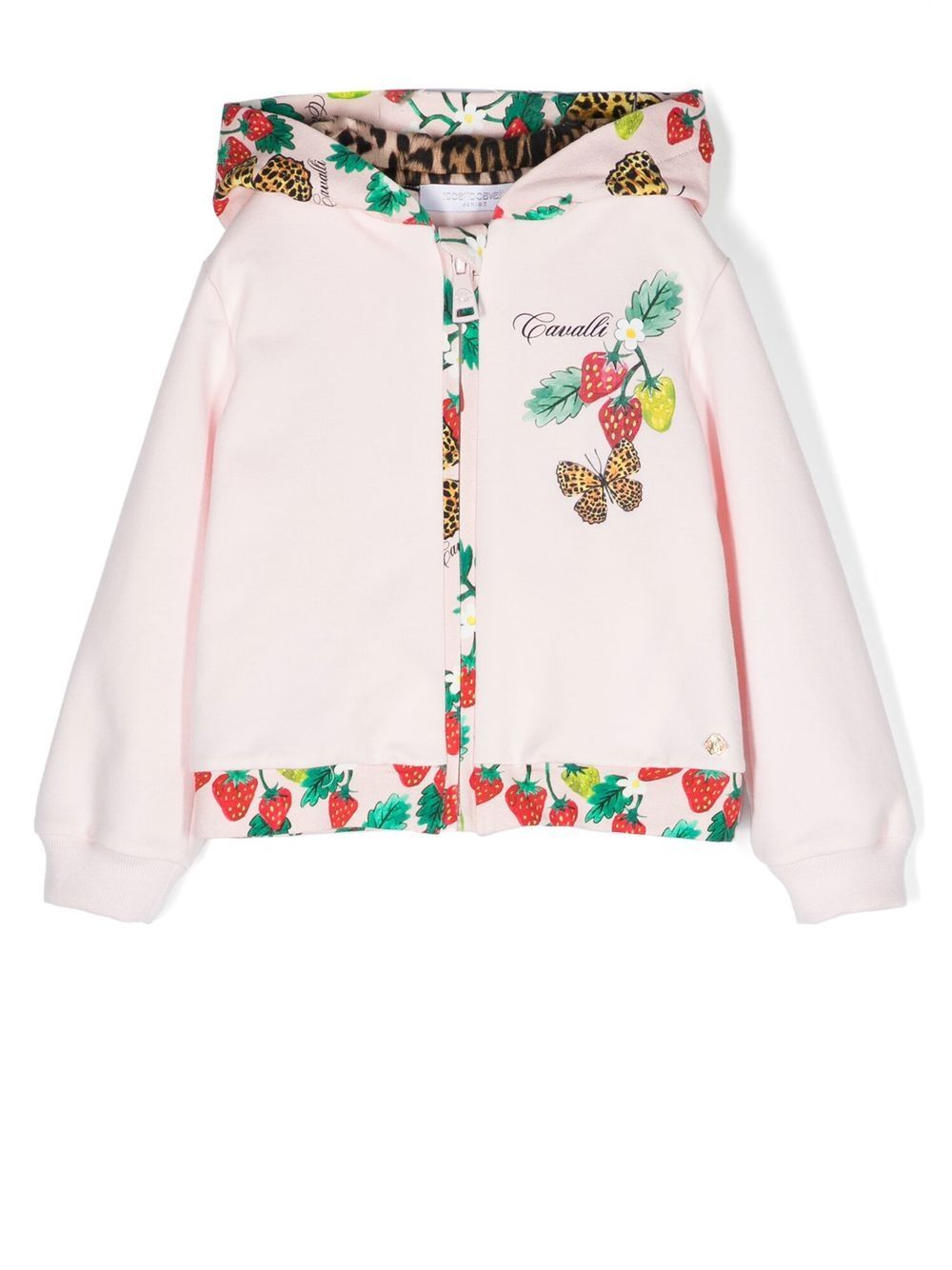 Strawberry-print trim hoodie - Pink