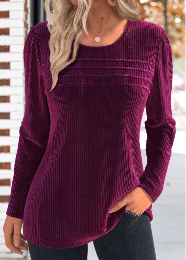 Modlily Dark Reddish Purple Tuck Stitch Long Sleeve T Shirt