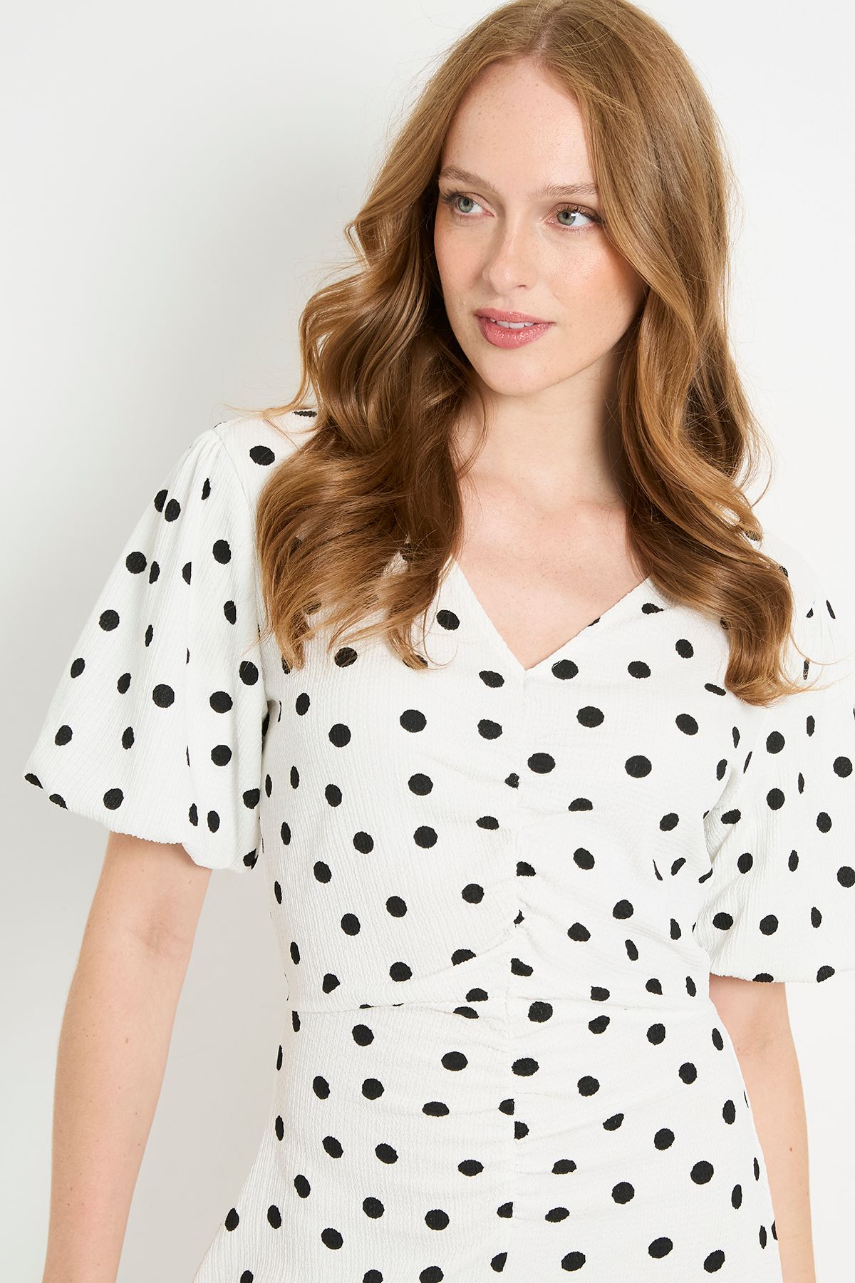 Wallis Womens Spot Jersey Ruched Puff Sleeve Midi Dress - White