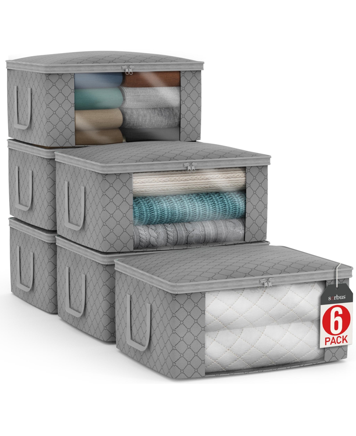 6 Pack Medium Foldable Clothes Storage Bags with Clear Window, Zipper Lid and Carry Handles - for Organizing Bedroom, Closet, Home (Grey) - Gre