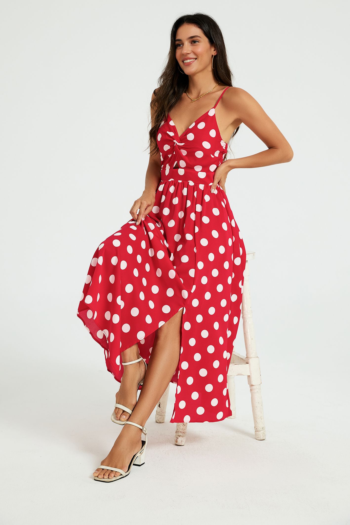 FS Collection Women's Polka Dot Twist Front Strappy Midi Dress in Red
